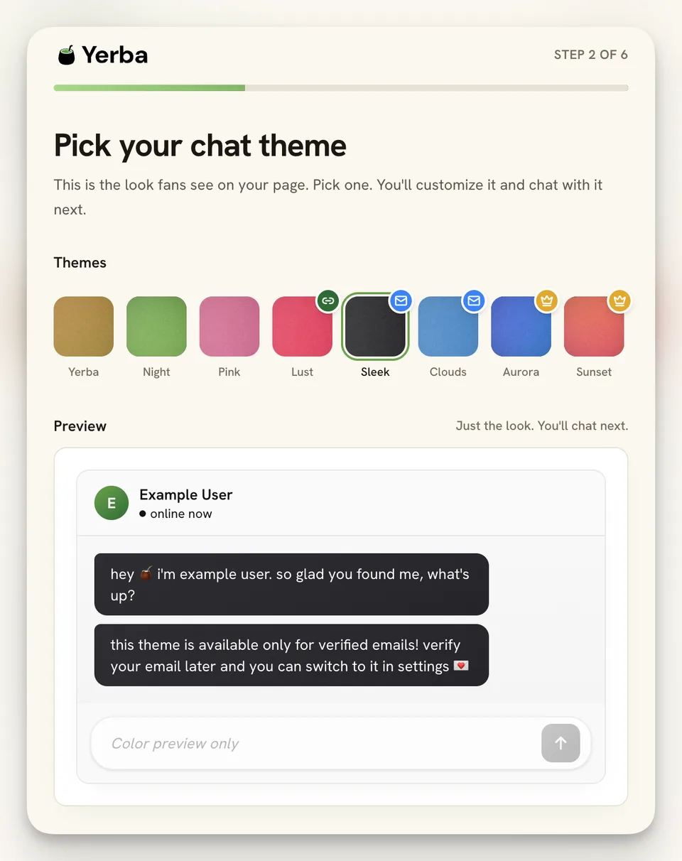 Yerba onboarding step 2 of 6, titled 'Pick your chat theme'. A row of eight color swatches labeled Yerba, Night, Pink, Lust, Sleek, Clouds, Aurora, and Sunset, with small lock badges on the premium ones. Below is a live chat preview using the selected dark 'Sleek' theme.
